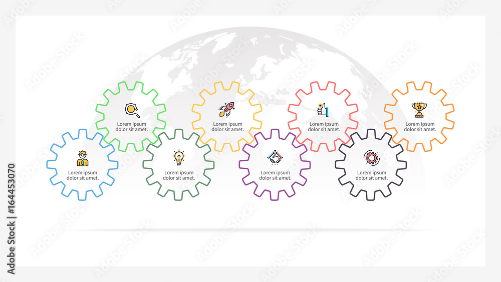 Business infographics. Timeline with 8 gears. Vector template.