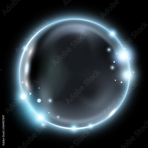 Abstract blue glowing bubble on dark background, vector illustration