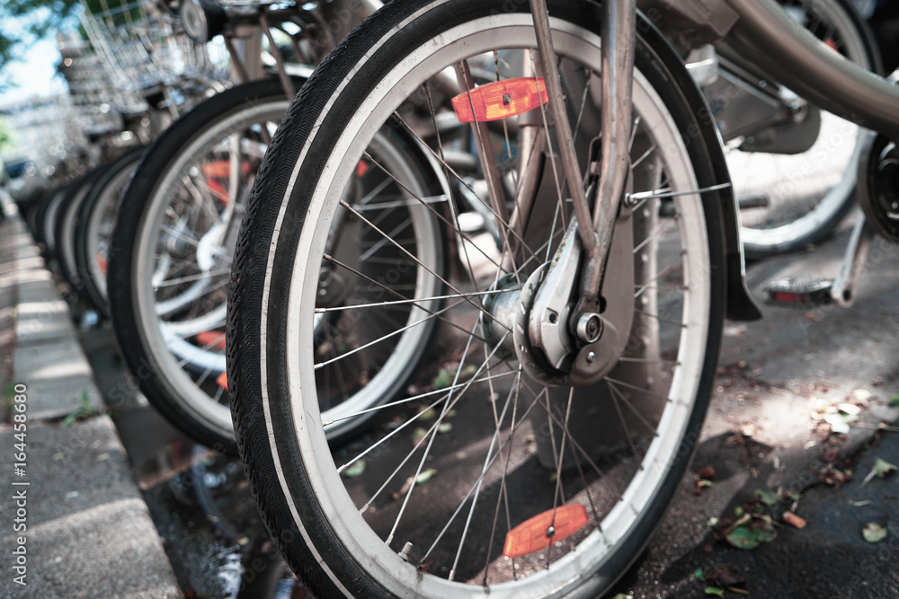 Closeup view of bicycle wheel outdoor