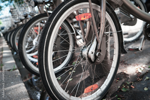 Closeup view of bicycle wheel outdoor