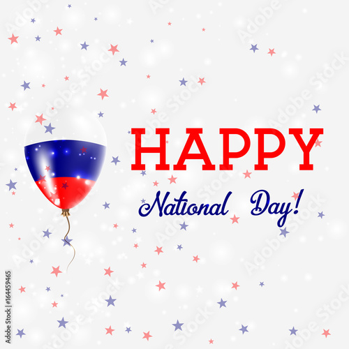 Russia National Day patriotic poster. Flying Rubber Balloon in Colors of the Russian Flag. Russia National Day background with Balloon, Confetti, Stars, Bokeh and Sparkles.