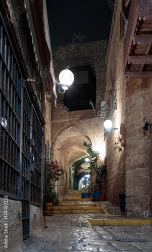 Queet street - Mazal Dagim at night in old city  Yafo, Israel. photo