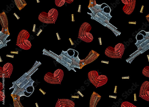 Embroidery guns and hearts. Creative fashion embroidery wild West, gangster background, vintage revolvers and red hearts template for clothes,  textile t-shirt design fashion template