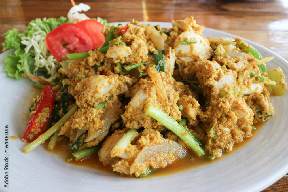 stir fried crab with egg and curry powder, Thai style stir fried crab with egg and curry powder, Thai style