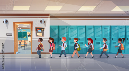 Group Of Pupils Walking In School Corridor To Class Room, Mix Race Schoolchildren Flat Vector Illustration