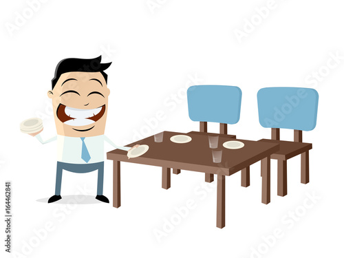 happy cartoon man setting the table