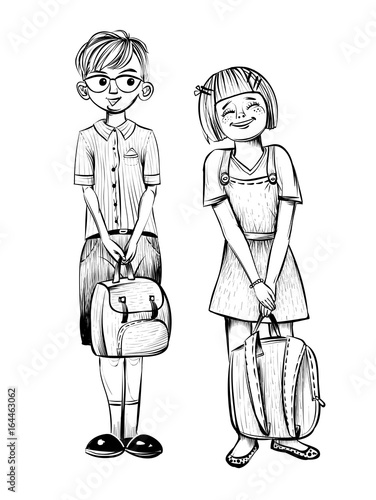 Vector illustration of school children, boy and girl.