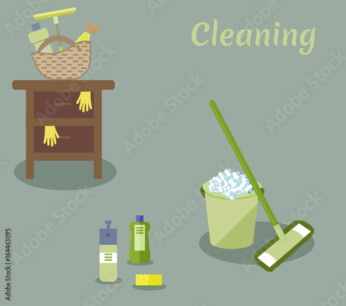 Tools for housekeeping: a green bucket with soapy foam, MOP with handle and cloth, bottles of detergent with covers, sprays and a yellow sponge, a squeegee, a table. Vector illustration. Cleaning 