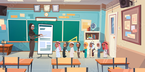 Group Of Arab Pupils With Teacher In Classroom On Lesson Education Concept Flat Vector Illustration