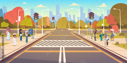 Group Of Arab School Children Waiting For Green Traffic Light To Cross Road On Crosswalk Flat Vector Illustration