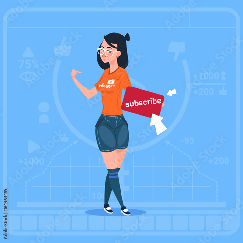 Girl Subscribe Modern Video Blogger Vlog Creator Channel Like Flat Vector Illustration