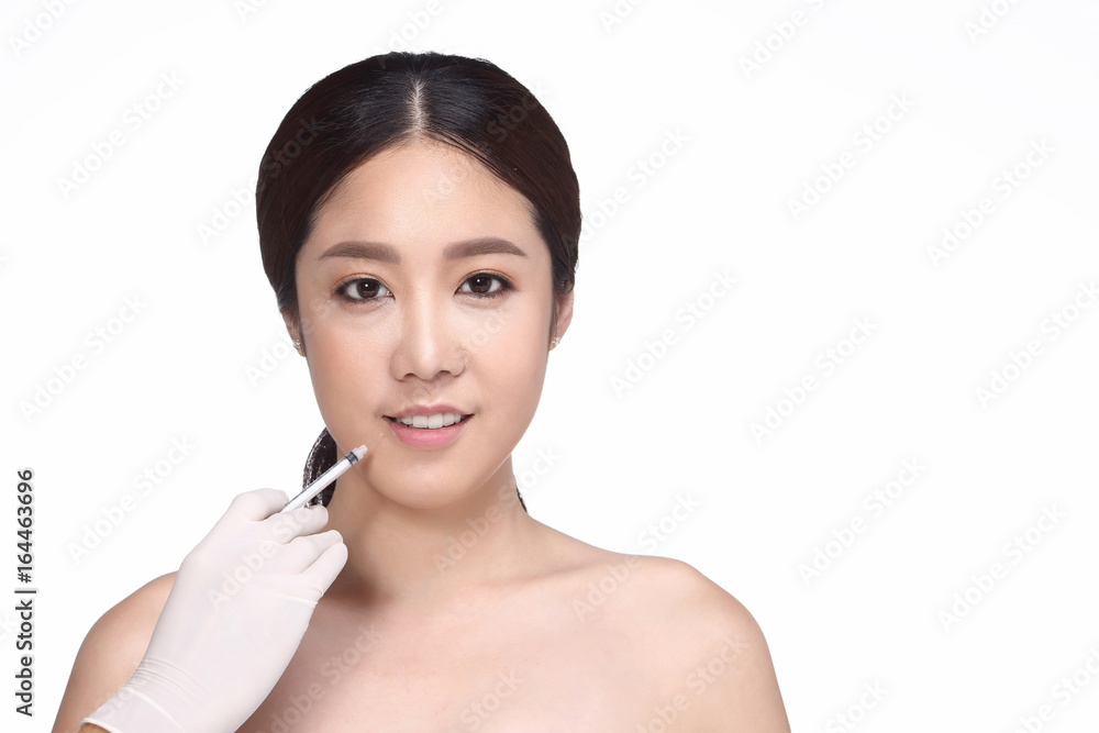 Beautiful Asian woman want to check before plastic surgery, white background copy space for text logo Beautiful Asian woman want to check before plastic surgery, white background copy space for text logo