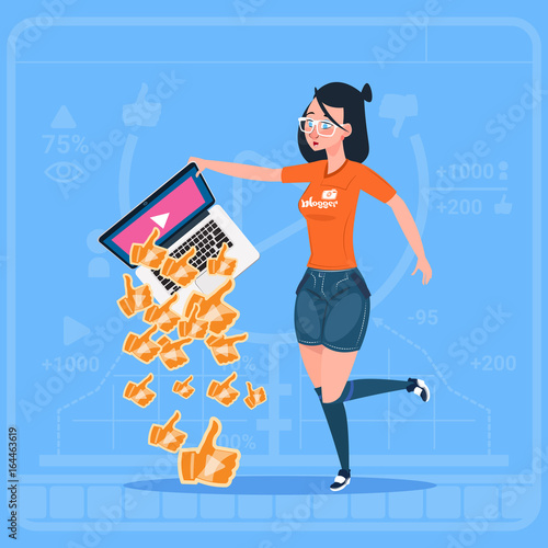 Girl Hold Laptop With Thumb Up Modern Video Blogger Vlog Creator Popular Channel Like Flat Vector Illustration