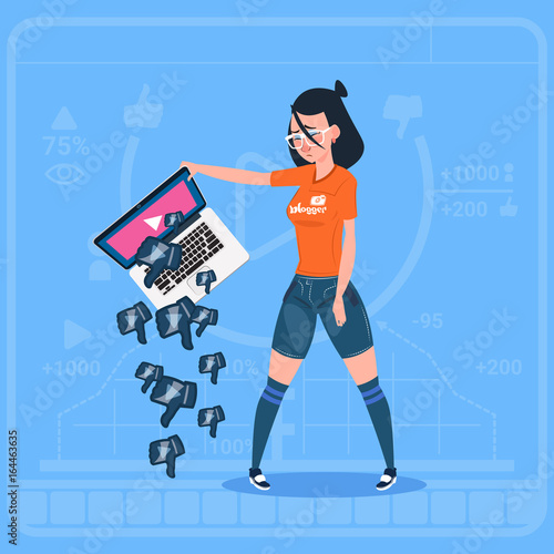 Girl Hold Laptop With Thumb Down Modern Video Blogger Vlog Creator Channel Dislike Flat Vector Illustration