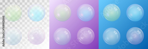Set of four transparent matte soap bubbles isolated on a checkered background. And as an example on a purple and blue backgroundd