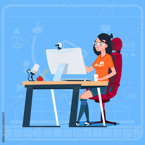 Girl Blogger Sit At Computer Streaming Video Blogs Creator Popular Vlog Channel Flat Vector Illustration