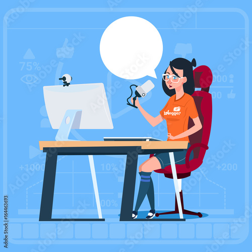 Girl Blogger Sit At Computer Streaming Video Blogs Creator Popular Vlog Channel Flat Vector Illustration