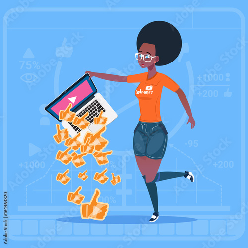 African American Girl Hold Laptop With Thumb Up Modern Video Blogger Vlog Creator Popular Channel Like Flat Vector Illustration