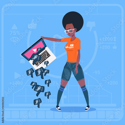 African American Girl Hold Laptop With Thumb Down Modern Video Blogger Vlog Creator Channel Dislike Flat Vector Illustration