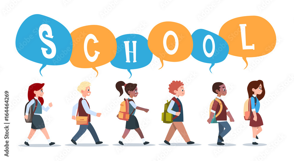 Group Of Pupils Mix Race Walking Back To School Schoolchildren Isolated Diverse Small Primary Students Flat Vector Illustration Group Of Pupils Mix Race Walking Back To School Schoolchildren Isolated Diverse Small Primary Students Flat Vector Illustration