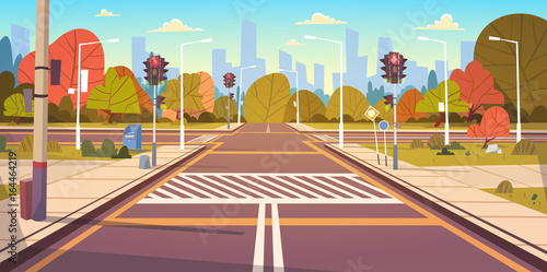 Road Empty City Street With Crosswalk And Traffic Lights Flat Vector Illustration