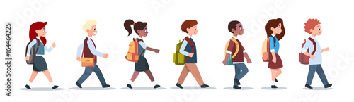 Group Of Pupils Mix Race Walking School Children Isolated Diverse Small Primary Students Flat Vector Illustration