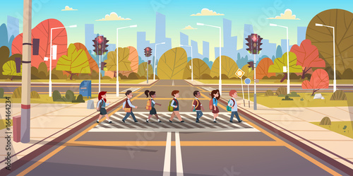 Group Of School Children Crossing Road On Crosswalk With Traffic Lights Flat Vector Illustration