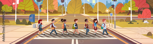 Group Of School Children Crossing Road On Crosswalk With Traffic Lights Flat Vector Illustration