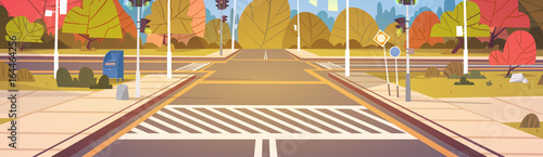 Road Empty City Street With Crosswalk And Traffic Lights Flat Vector Illustration