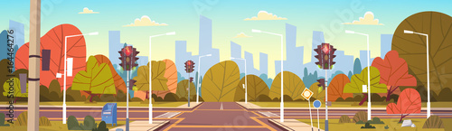 Road Empty City Street With Crosswalk And Traffic Lights Flat Vector Illustration