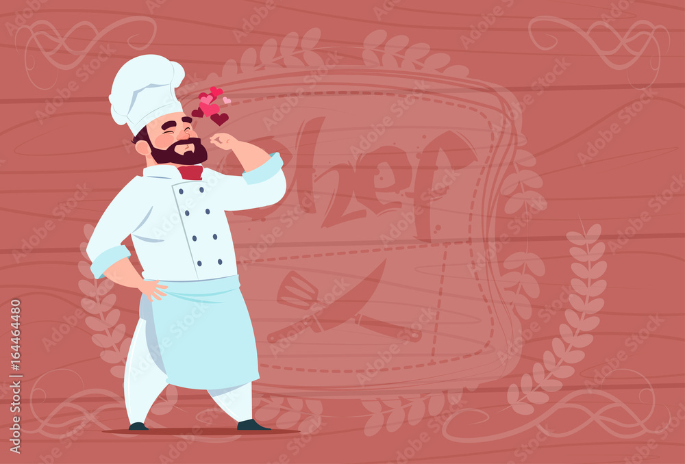 Chef Cook Happy Smiling Cartoon Restaurant Chief In White Uniform Over Wooden Textured Background Flat Vector Illustration Chef Cook Happy Smiling Cartoon Restaurant Chief In White Uniform Over Wooden Textured Background Flat Vector Illustration