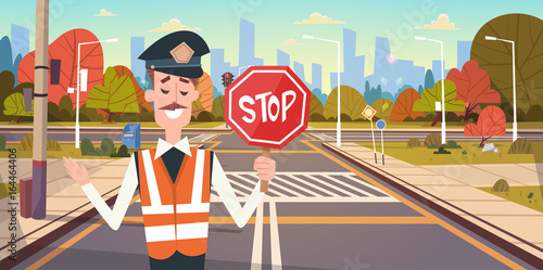 Guard With Stop Sign On Road With Crosswalk And Traffic Lights Flat Vector Illustration