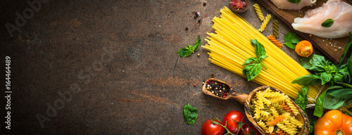 Italian food background. Pasta and meat.
