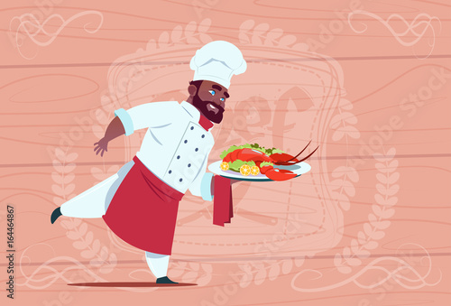 African American Chef Cook Holding Tray With Lobster Smiling Cartoon Chief In White Restaurant Uniform Over Wooden Textured Background Flat Vector Illustration