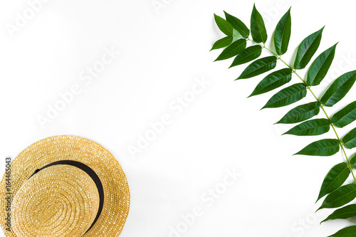 Green leaf branches and straw haton white background. flat lay, top view photo