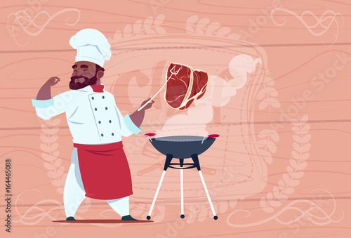 African American Chef Cook Grill Meat On Bbq Cartoon Restaurant Chief In White Uniform Over Wooden Textured Background Flat Vector Illustration