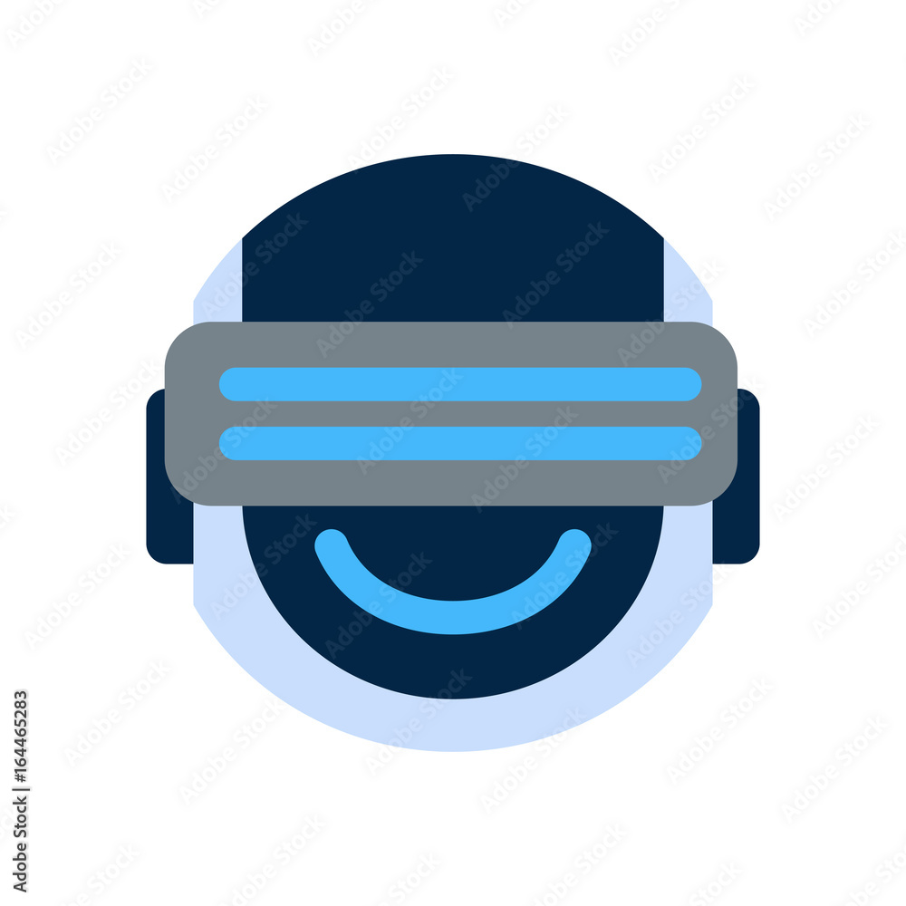 Robot Face Icon Smiling Face Wearing Digital Glasses Emotion Robotic Emoji Vector Illustration Robot Face Icon Smiling Face Wearing Digital Glasses Emotion Robotic Emoji Vector Illustration
