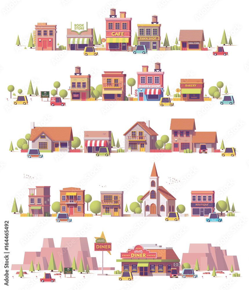 Vector low poly 2d small town scenes Vector low poly 2d small town scenes