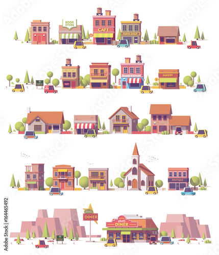 Vector low poly 2d small town scenes