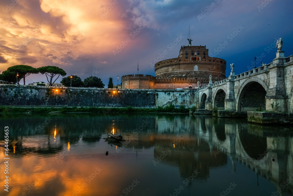 Saint Angle Castle and bridge over the Tiber river in Rome, Italy
