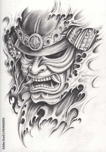 Samurai warrior tattoo design design by hand pencil drawing on paper.