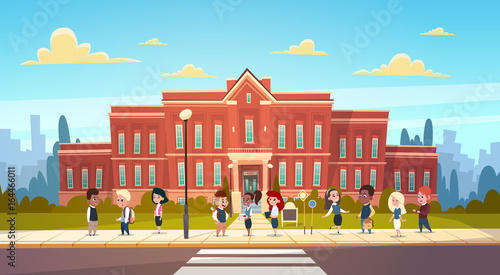 Group Of Pupils Mix Race Stand In Front Of School Building Primary Schoolchildren Talking Students Flat Vector Illustration