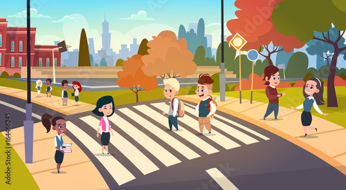 Group Of Pupils Walking On Crosswalk Mix Race Students Go To School Crossing Street Flat Vector Illustration