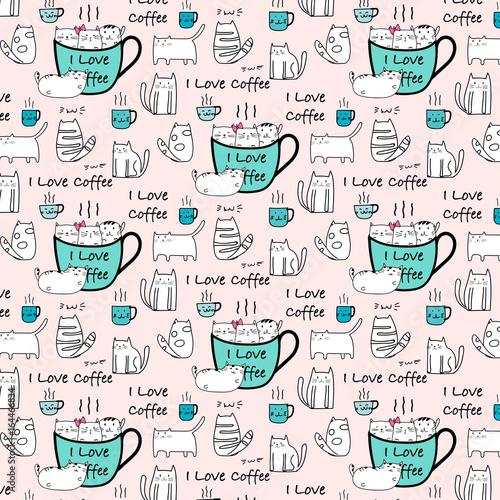 I Love Coffee Typography With Cute Cat Hand Drawn Vector Pattern.