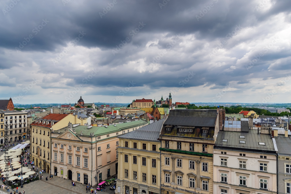 Krakow - Wawel castle with dramatic sky in urban areas