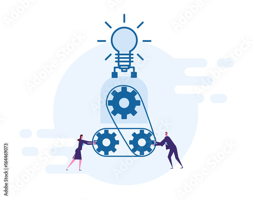 A business team is helping to move steering gears to turn on the light.