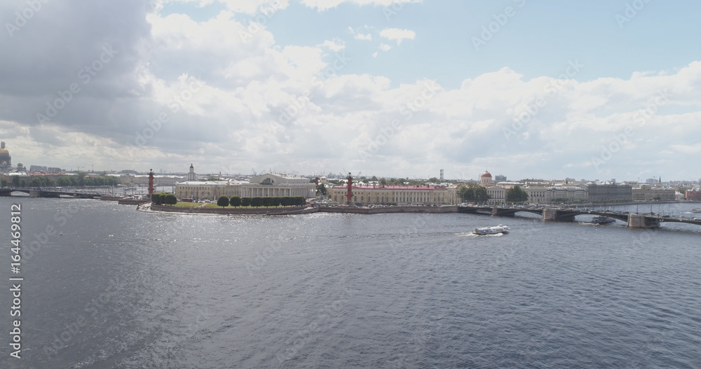 Aerial low altitude photo of St. Petersburg neva with view of Stock Market Square and bridges in summer day