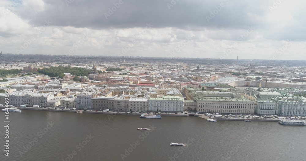 Aerial high altitude photo of St. Petersburg neva with view of dvortsovaya naberezhnaya in summer day