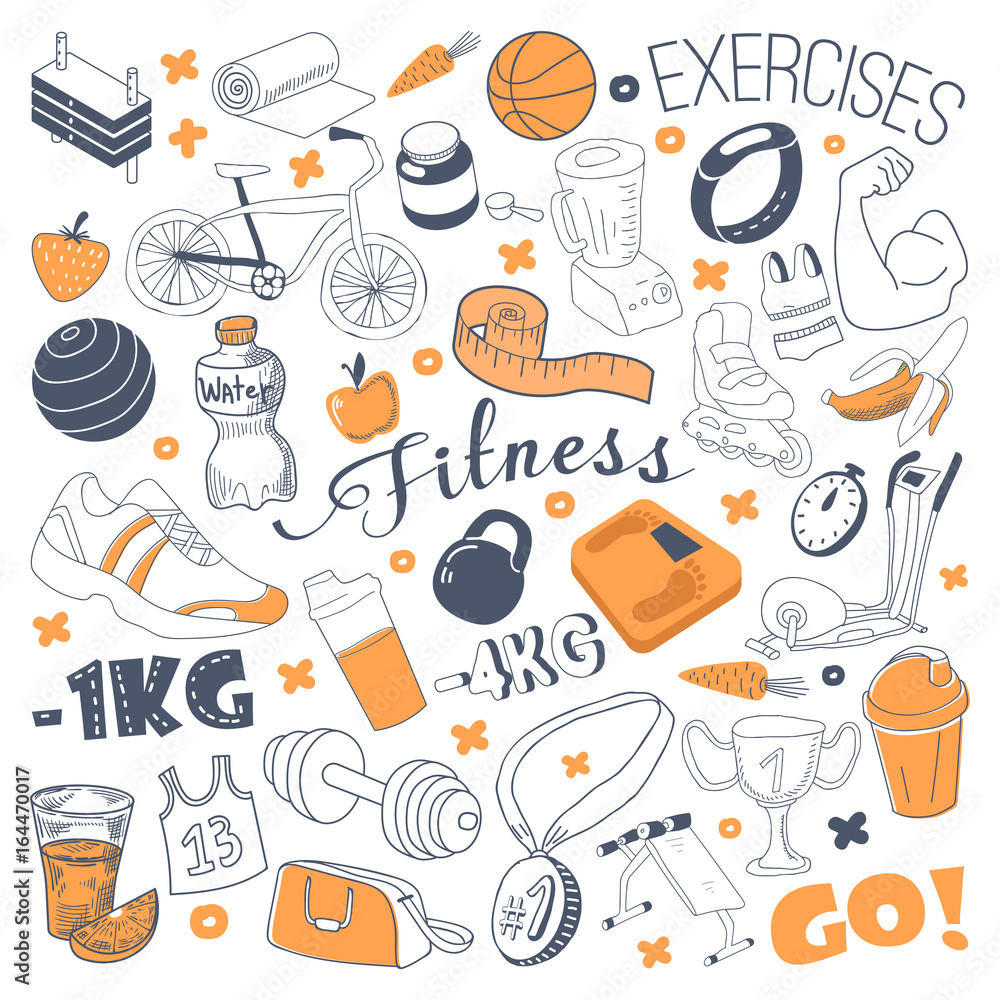 Hand Drawn Sports Doodle. Freehand Fitness Elements Set. Healthy Life.  Vector illustration Stock Vector