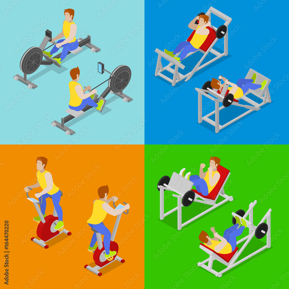 Isometric People at the Gym. Sportsmen Workout. Sports Equipment. Vector flat 3d illustration